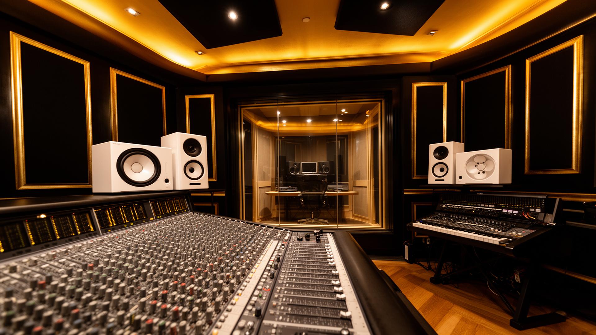 District 28 mixing console facing the recording booth