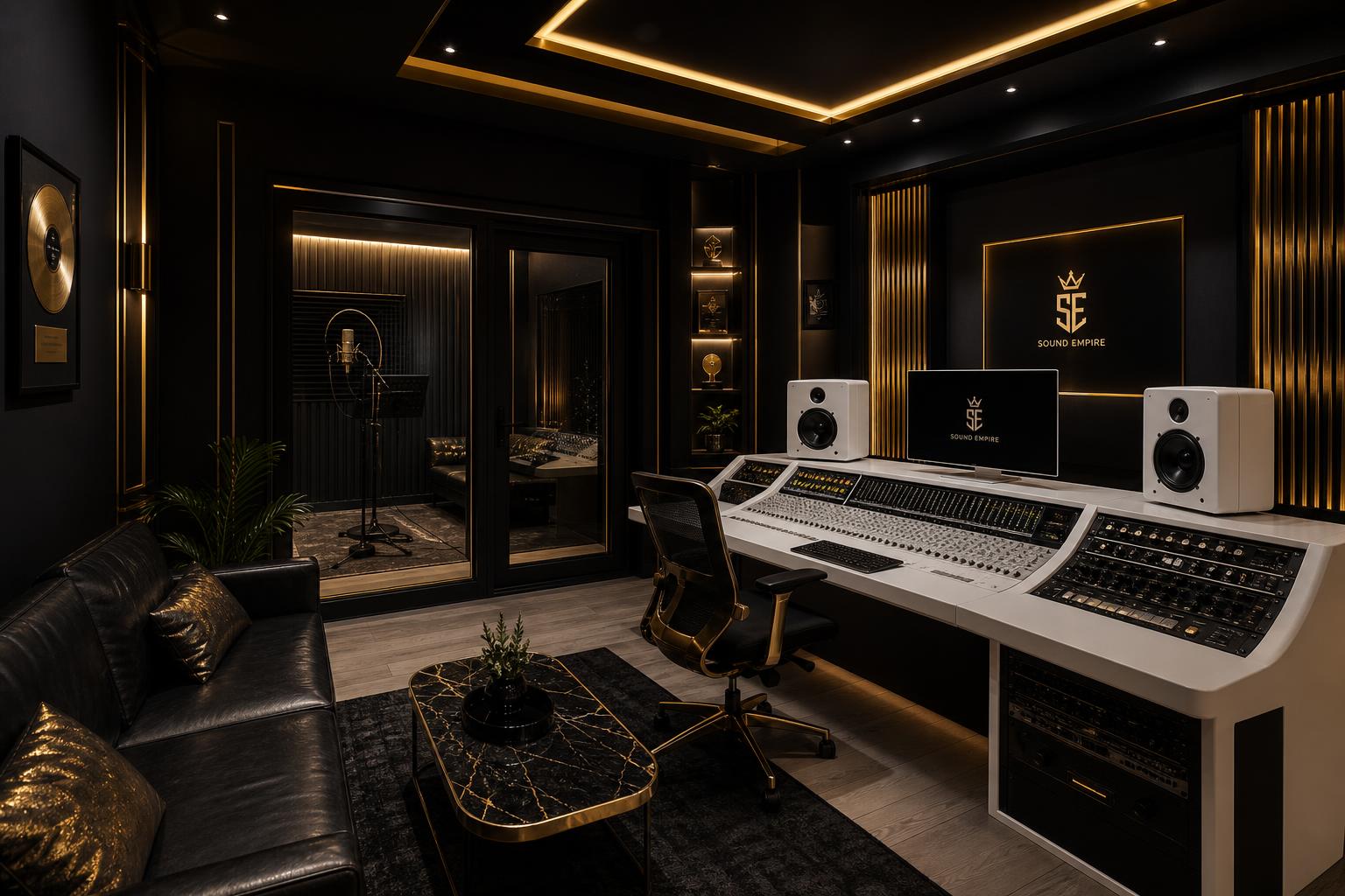District 28 control room with black, gold, and white ambient lighting
