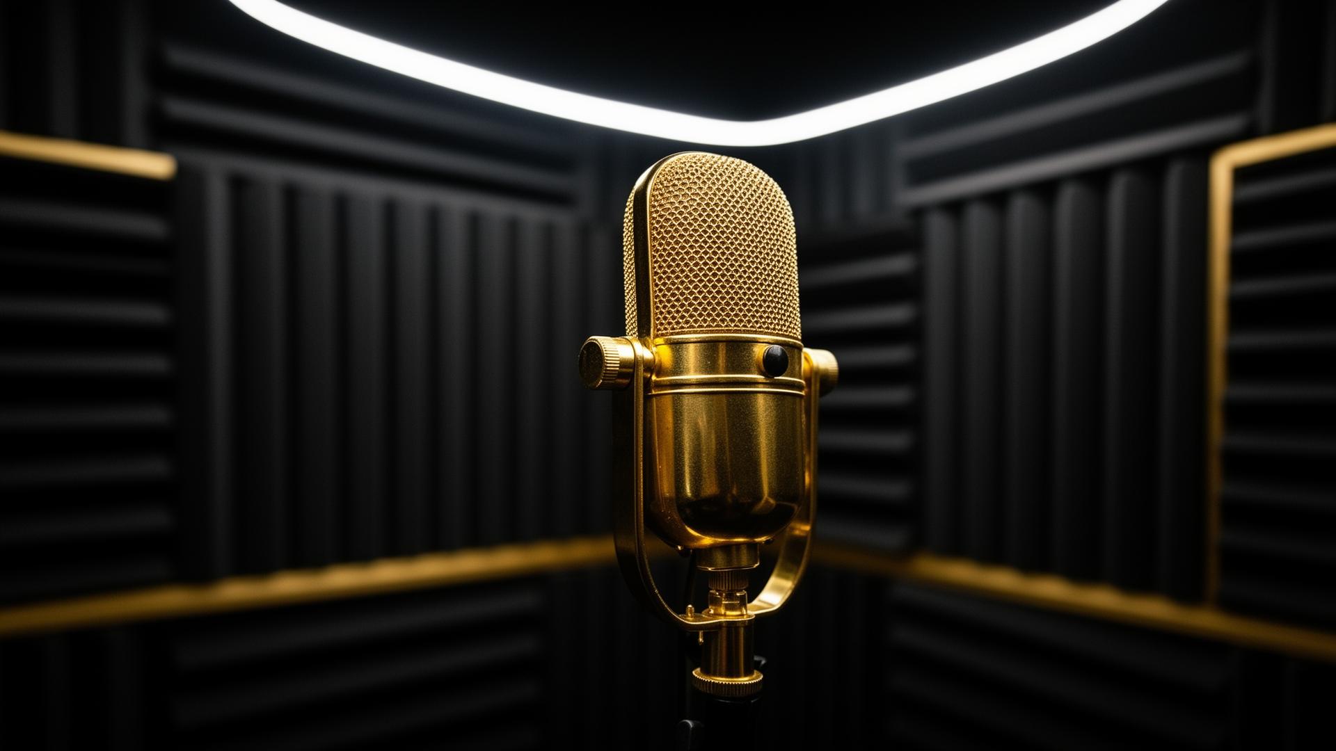Gold ribbon microphone close-up in a black acoustic booth